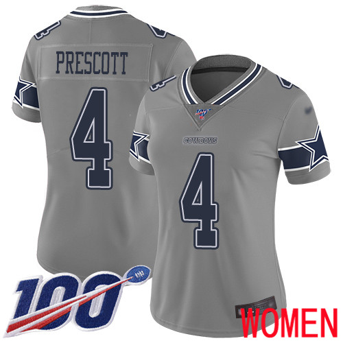 Women Dallas Cowboys Limited Gray Dak Prescott #4 100th Season Inverted Legend NFL Jersey